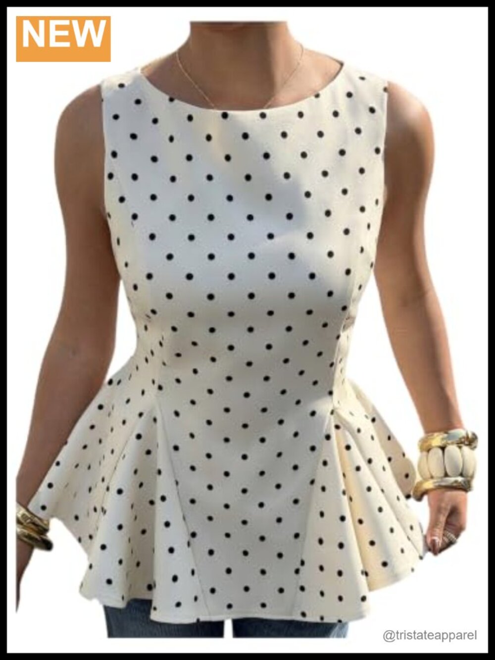 Sleeveless Polka Dot Blouse Boat Neck Ruffle Peplum Cinched Waist Top